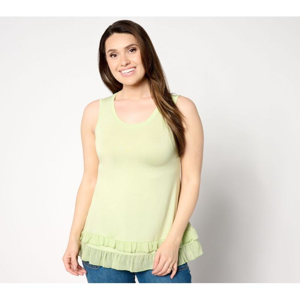 Maya J Women's Top Sz L Knit Tank Chiffon Hem Green